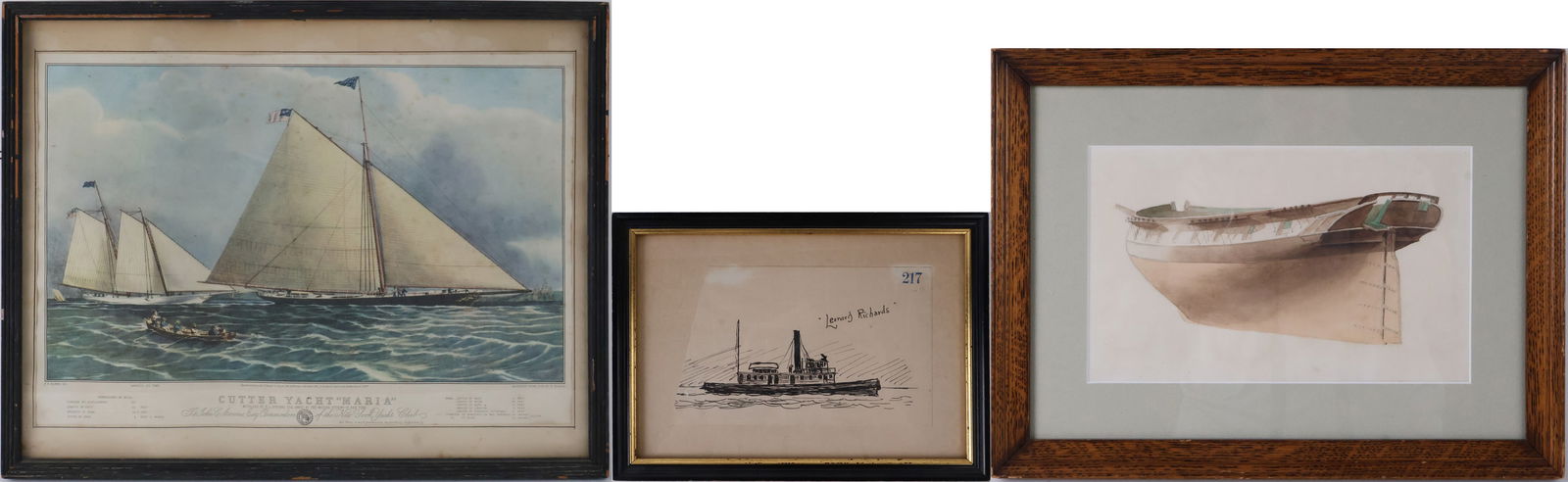 H.M.S. Columbine in Dry Dock, Watercolor: H.M.S. Columbine in Dry DockWatercolorUnsigned, bears label verso. Together with a print of a boat "Leonard Richards" and an engraving of the Cutter Yacht "Maria". 3 pieces.Sight: 6 1/2 x 10 1/2 in. (