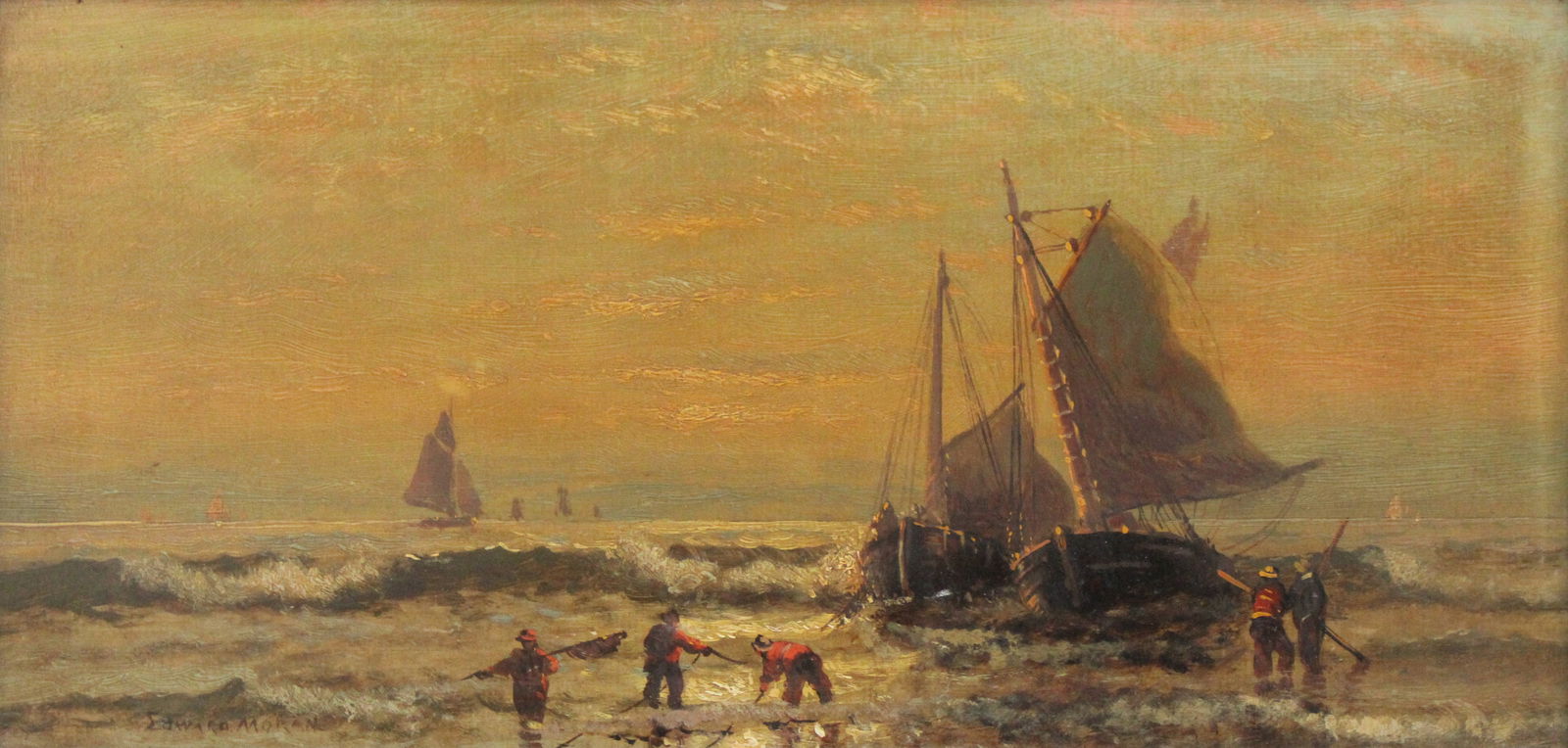 Edward Moran, 1829-1901, Skiffs Coming Ashore, Oil on Board: Edward Moran1829-1901Skiffs Coming AshoreOil on BoardSigned l.l. "Edward Moran"Sight: 7 5/8 x 15 5/8 in. (19.4 x 39.7 cm.), Frame: 13 x 21 in. (33 x 53.3 cm.)