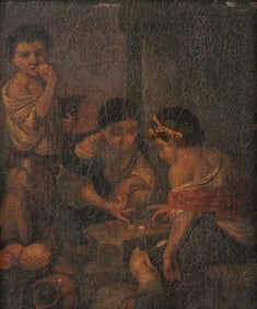 Children Playing Dice Game, Oil on Tin