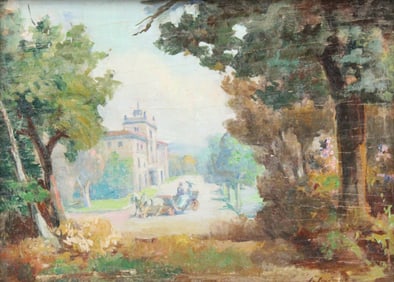 Horse and Carriage in Landscape, Oil on Board