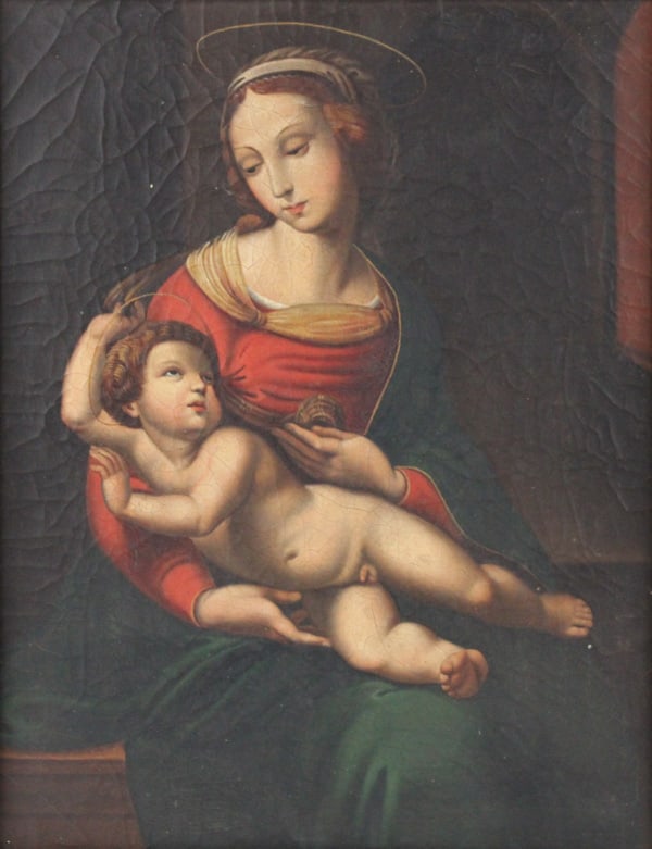 Madonna and Child, Oil on Canvas: Madonna and Child Oil on Canvas Appears to be unsigned. Craquelure and losses to paint. Sight: 17 1/2 x 13 1/2 in. (44.5 x 34.3 cm.), Frame: 20 1/2 x 16 1/2 in. (52.1 x 41.9 cm.)