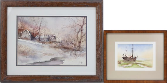 W. Knott, Barn in Winter, Watercolor