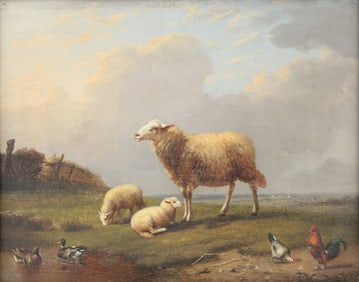 Francois Vandeverdonck, Belgian 1848-1875, Sheep, Chickens, and Ducks, Oil on Board
