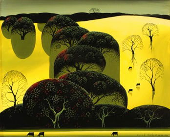 Eyvind Earle, Carmel, CA 1916-2000, Live Oaks on a Hillside, Oil on Board