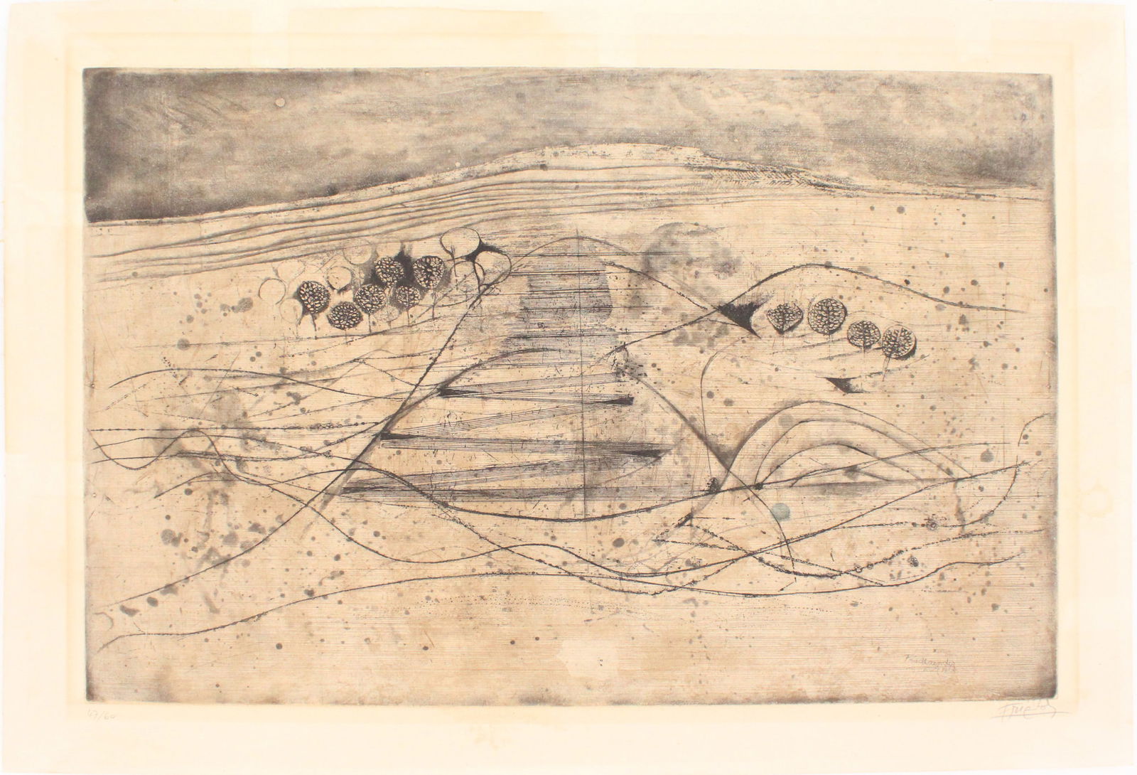 Johnny Friedlaender, German 1912-1992, Senza Titolo, Aquatint: Johnny FriedlaenderGerman, 1912-1992Senza TitoloAquatint1955, numbered 47/60, unframed.16 1/2 x 22 1/4 in. (41.9 x 56.5 cm.)