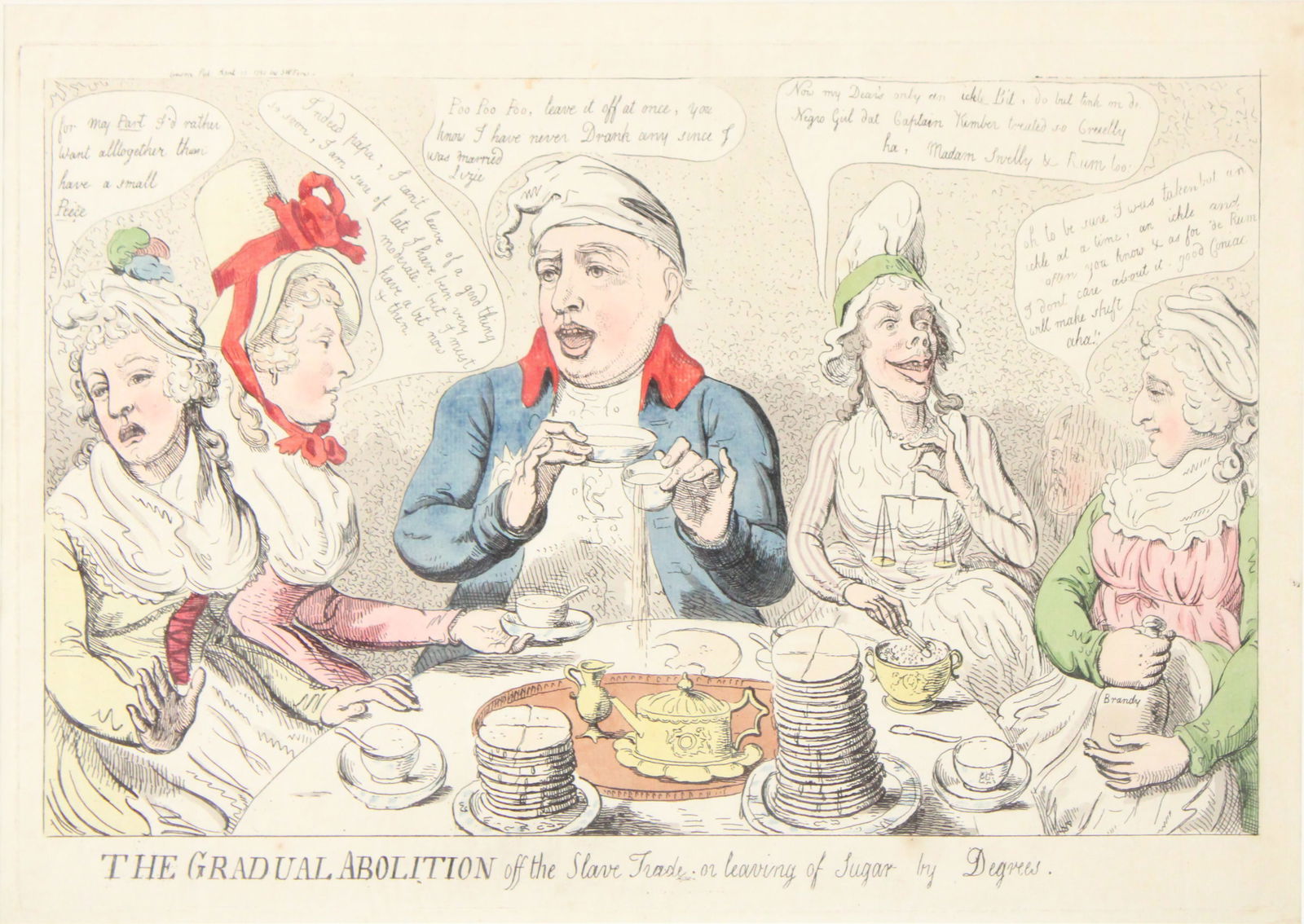 Isaac Cruikshank, 1756-1811, The gradual abolition off the slave trade or leaving of sugar by: Isaac Cruikshank1756-1811The gradual abolition off the slave trade or leaving of sugar by degreesEngravingDepicting, George III sitting at a table with the Queen and two of his daughters, and the Quee
