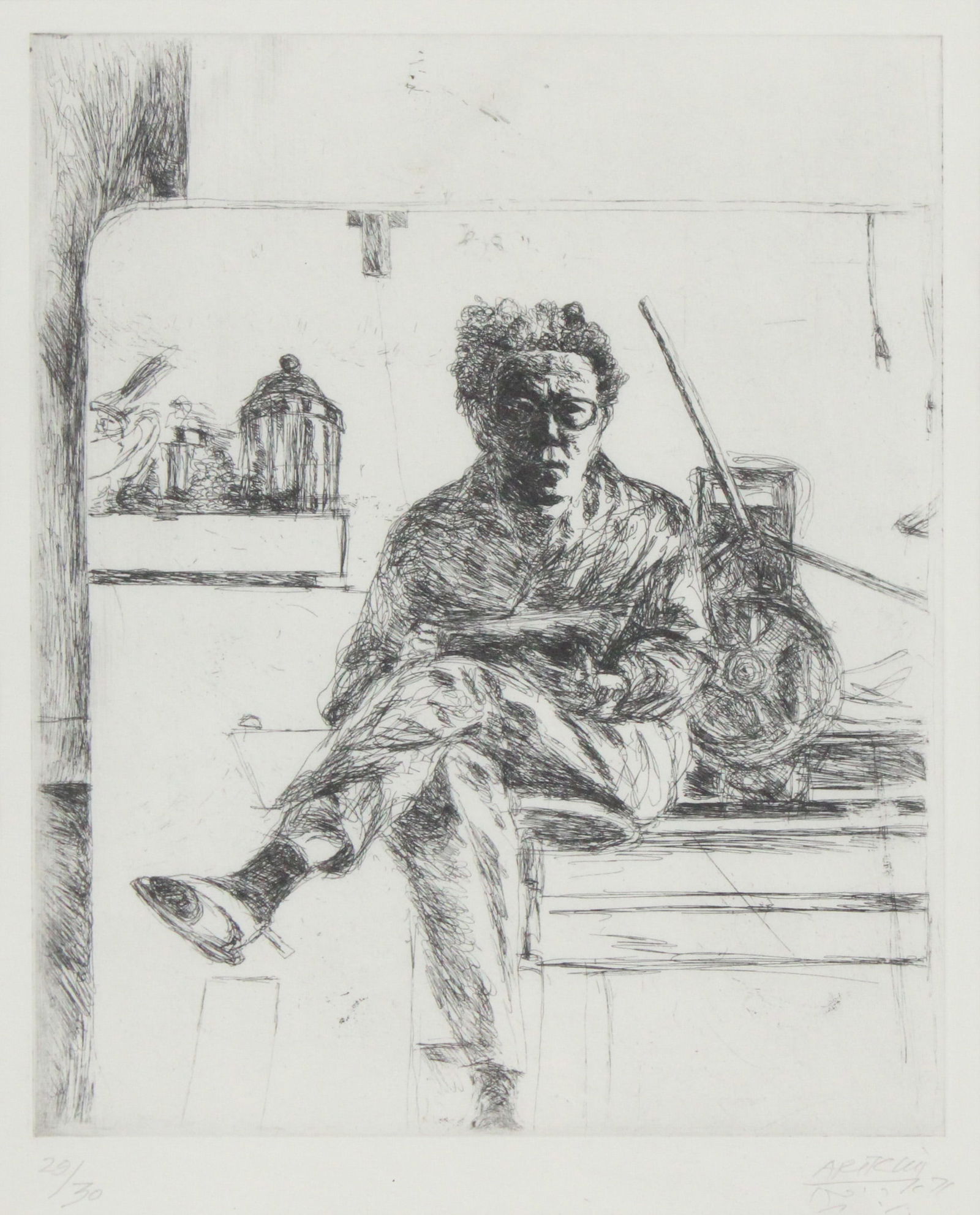 Avigdor Arikha, French 1929-2010, Mirror with Self-Portrait and Etching Press, Etching (1 of 6)