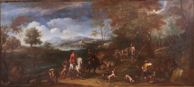 Hunting Party in Landscape, Oil on Canvas Mounted on Board