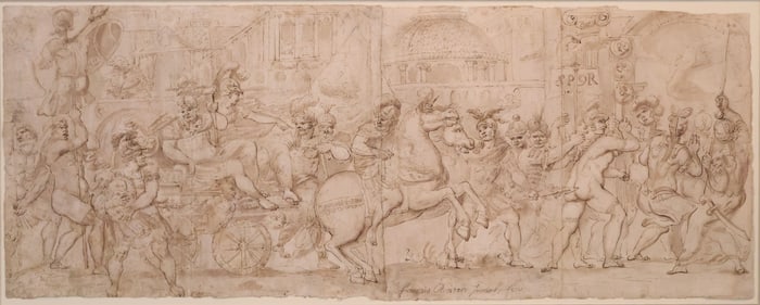 Francois Boitard, 1670-1715, A Roman Triumph, Pen and Wash on Vellum