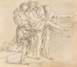 Attributed to Pietro Testa, 1611-1650, The Body of Sinorix Carried Away, Pen and Black Ink with Grey