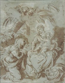 Luigi Garzi, 1638-1721, Holy Family with Saint Anne, Pen and Brown Ink on Blue Paper