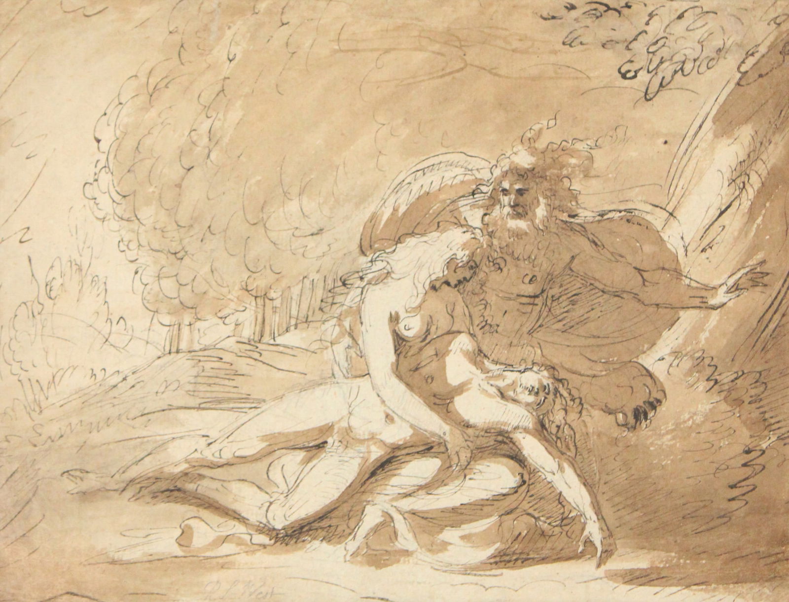 Raphael Lamar West, 1769-1850, Hercules, Black Ink and Wash: Raphael Lamar West1769-1850HerculesBlack Ink and WashBears label from Christopher Bishop Fine Art, Milford, CT, signed in pencil l.c.Sight: 9 3/4 x 12 3/4 in. (24.8 x 32.4 cm.), Frame: 17 1/2 x 20 1/2