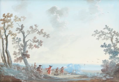 Louis Gabriel Moreau, French 1740-1806, Landscape with Hunters, Gouache on Paper
