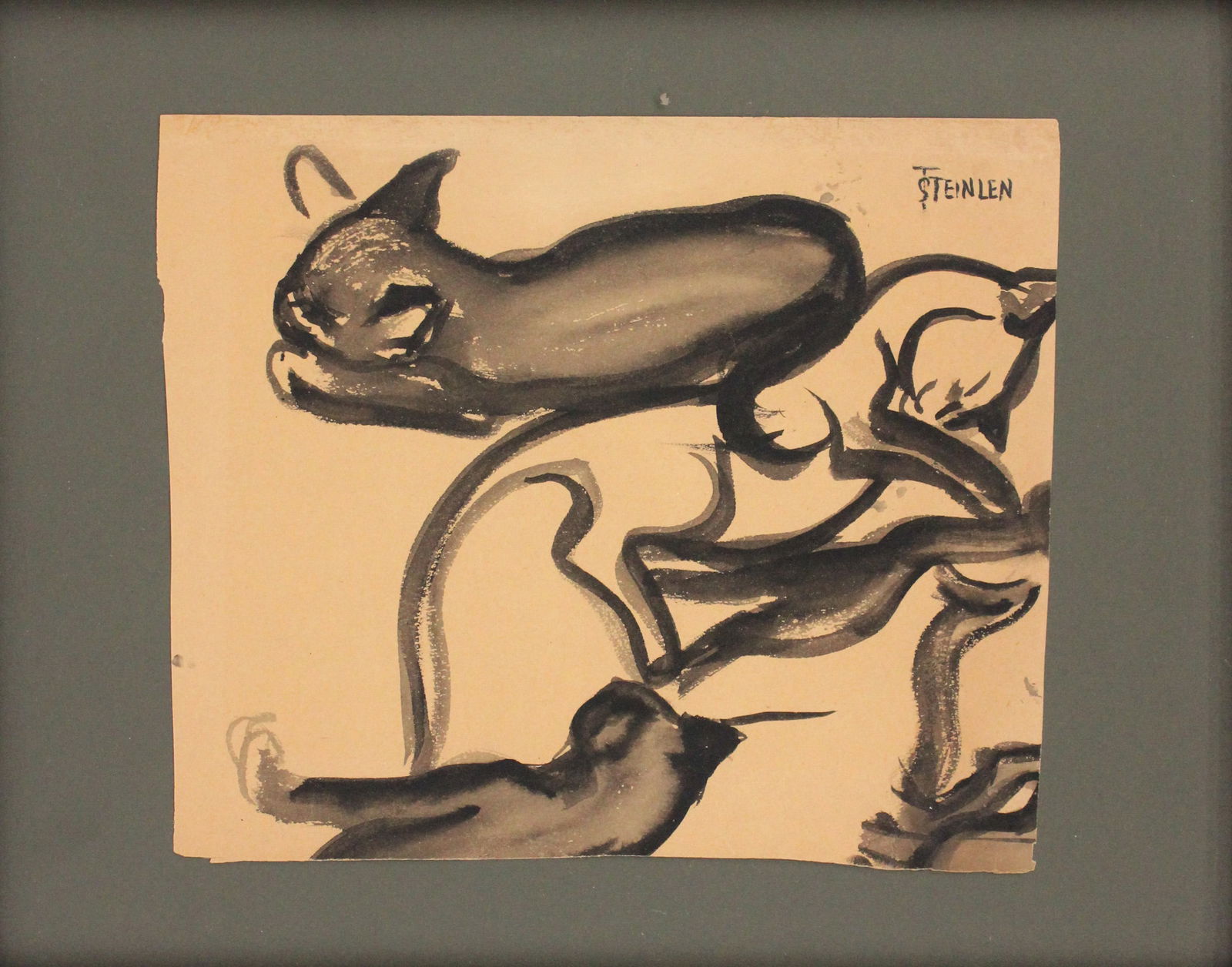 Theophile Alexandre Steinlen, Swiss/French 1859-1923, Three Cats, Ink on Paper: Theophile Alexandre SteinlenSwiss/French, 1859-1923Three CatsInk on PaperSigned u.r.Sight: 12 x 14 1/4 in. (30.5 x 36.2 cm.), Frame: 19 x 23 3/4 in. (48.3 x 60.3 cm.)