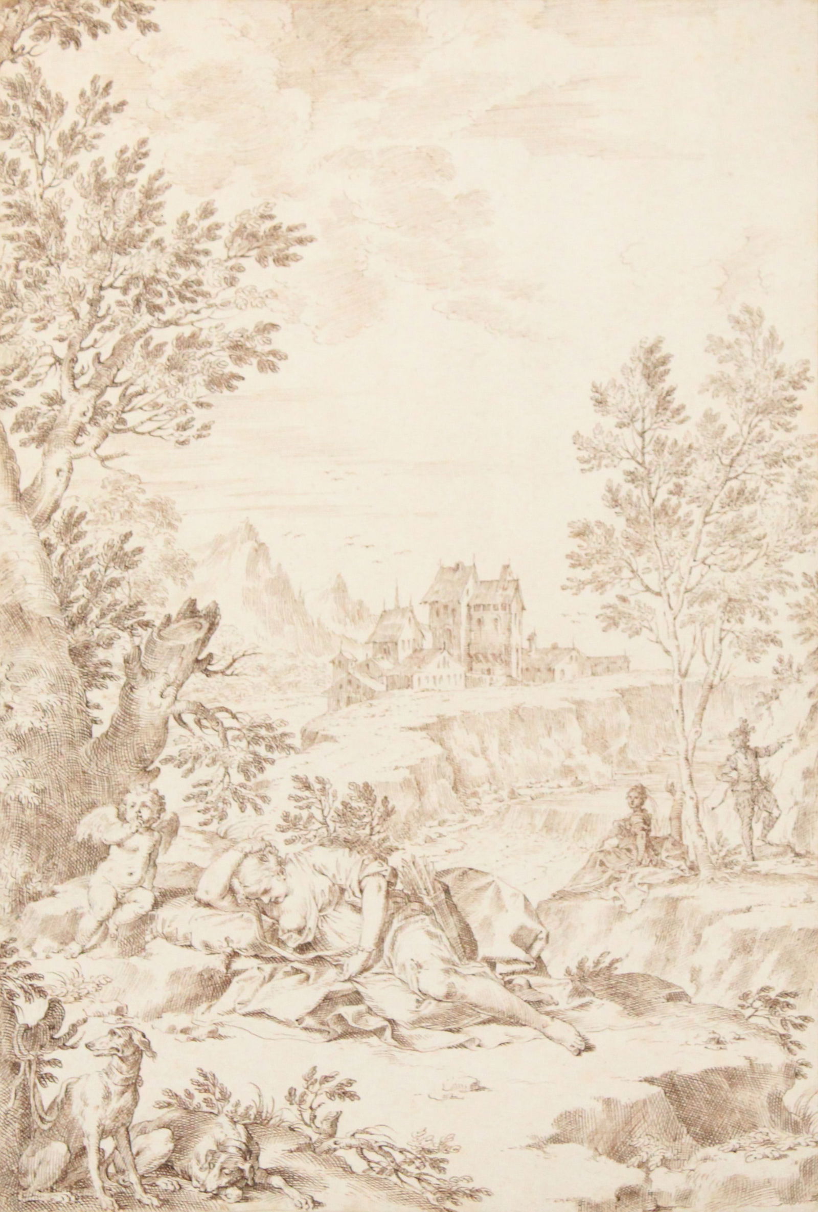 Donato Creti, 1671-1749, Sleeping Diane, Brown Ink with Buff Paper: Donato Creti1671-1749Sleeping DianeBrown Ink with Buff PaperDepicting figures in foreground with castle in back.Sight: 14 1/2 x 9 3/4 in. (36.8 x 24.8 cm.), Frame: 27 x 23 in. (68.6 x 58.4 cm.)