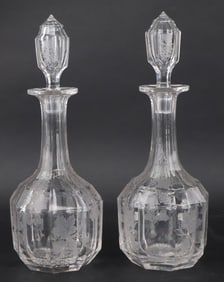 Pair of Grapevine Etched Glass Decanters