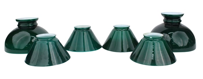 Six Green and White Cased Glass Shades