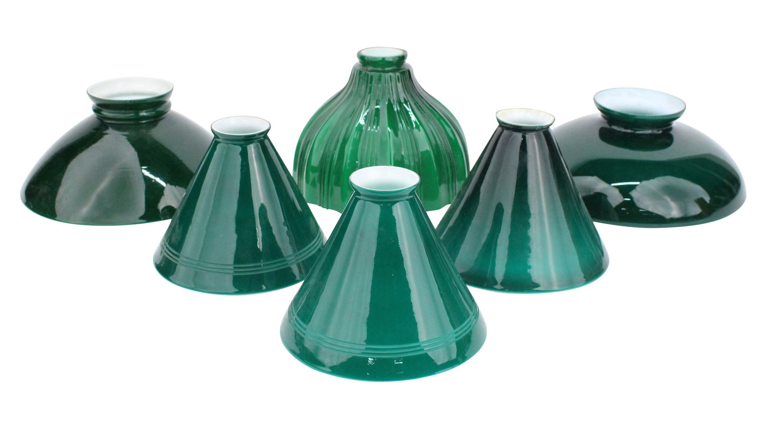 Six Green and White Cased Glass Shades: Six Green and White Cased Glass ShadesTwo marked Emeralite.Largest: 4 3/4 x 10 in. (12.1 x 25.4 cm.)
