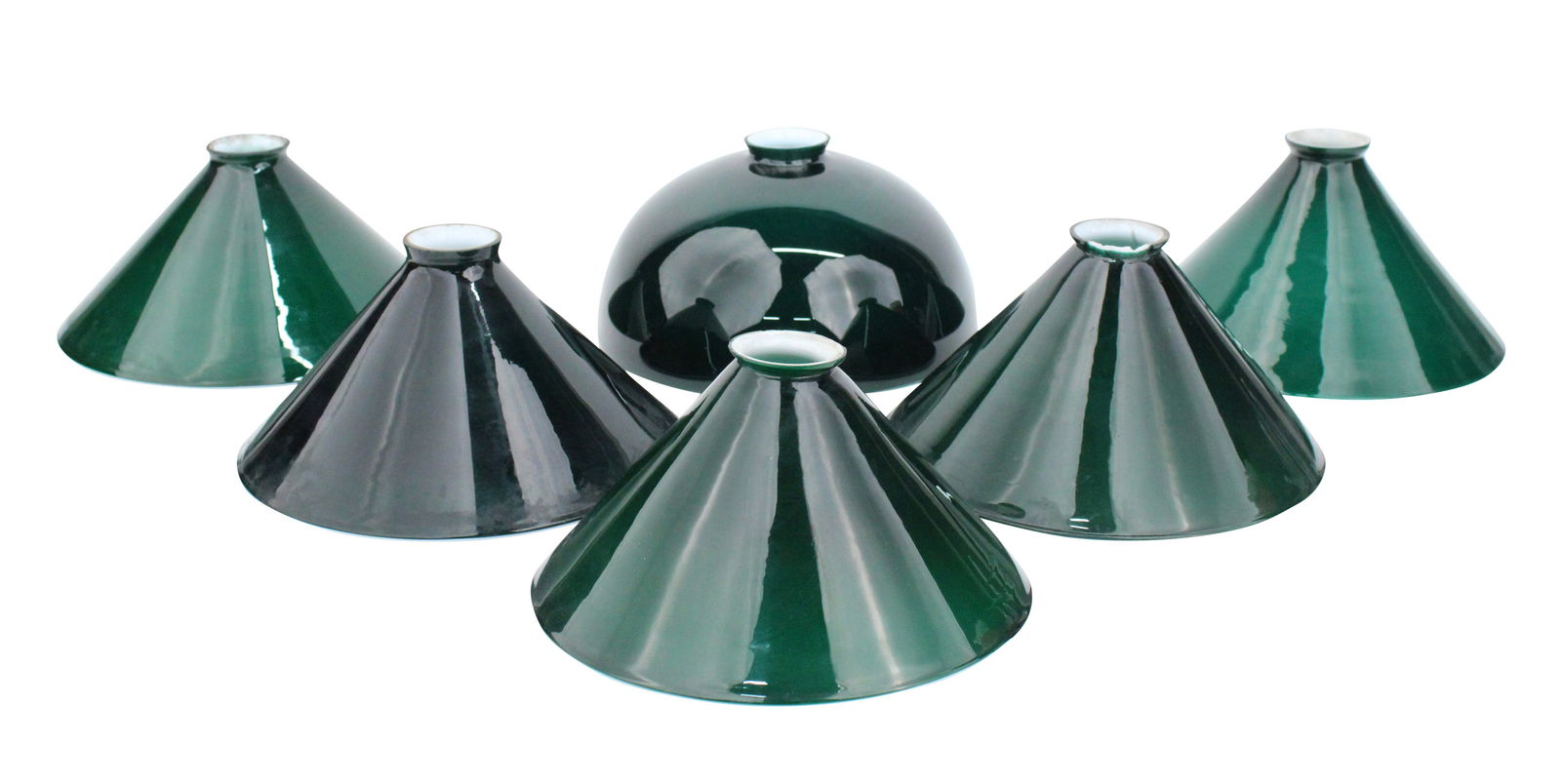 Six Green and White Cased Glass Shades: Six Green and White Cased Glass ShadesChips and wear.Largest: 6 x 10 in. (15.2 x 25.4 cm.)
