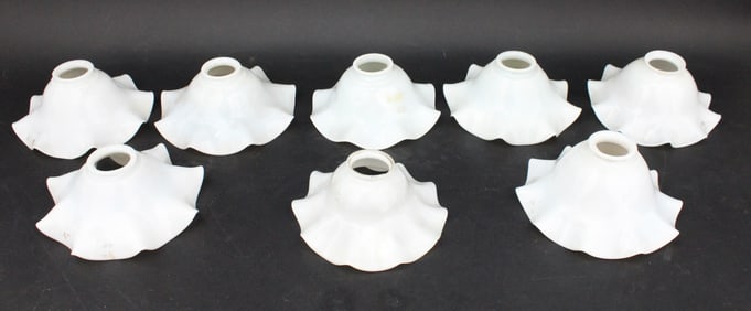 Eight White Glass Ruffled Edge Shades