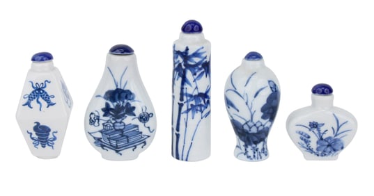 Five Blue and White Porcelain Snuff Bottles