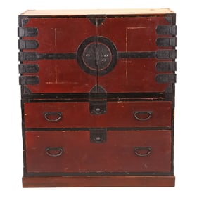 Chinese Red-Stained Two Part Tansu