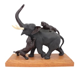 Bronze Sculpture of an Elephant Attacked by Tigers