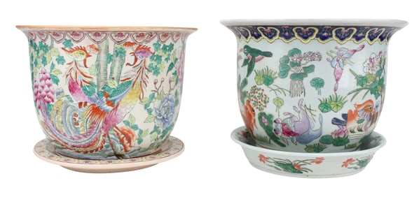 Two Chinese Style Famille Rose Planters with Underplates