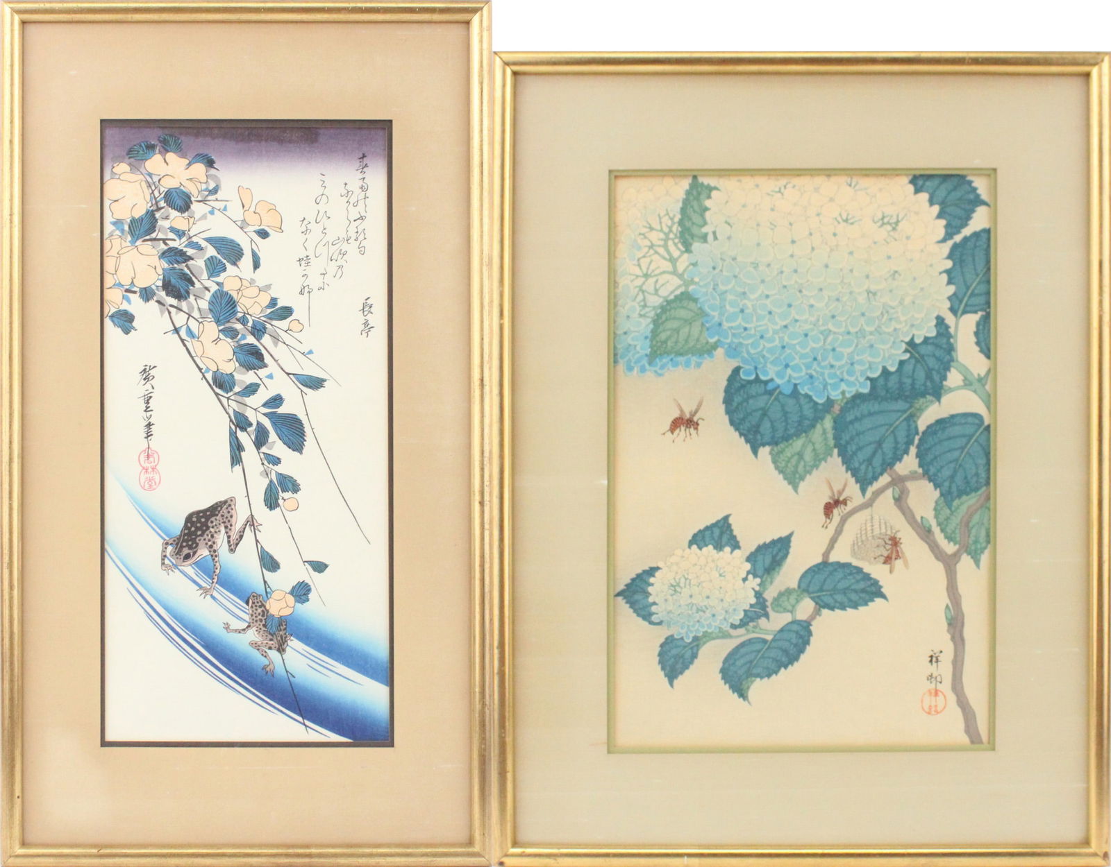 Utagawa Hiroshige (1826), Japanese 1826-1869, Frogs and Yamabuki Flowers, Woodblock Print: Utagawa Hiroshige (1826)Japanese, 1826-1869Frogs and Yamabuki FlowersWoodblock PrintTogether with a woodblock print by Ohara Koson (Japanese, 1877-1945) titled "Hydrangea and Wasps".Sight: 14 x 9 1/4