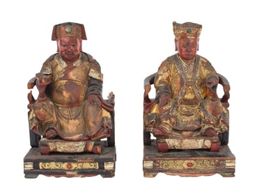 Two Chinese Carved, Gilt, and Painted Wood Ancestor Figures