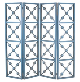 Mid-Century Modern Blue Painted Four Panel Screen