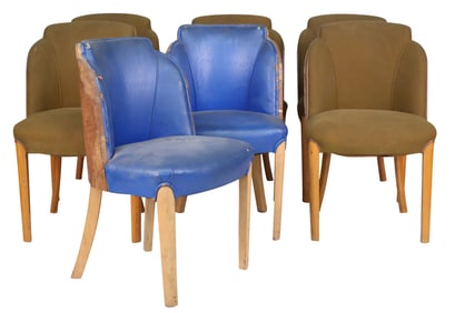 Seven Similar Art Deco Burlwood Veneered Dining Chairs