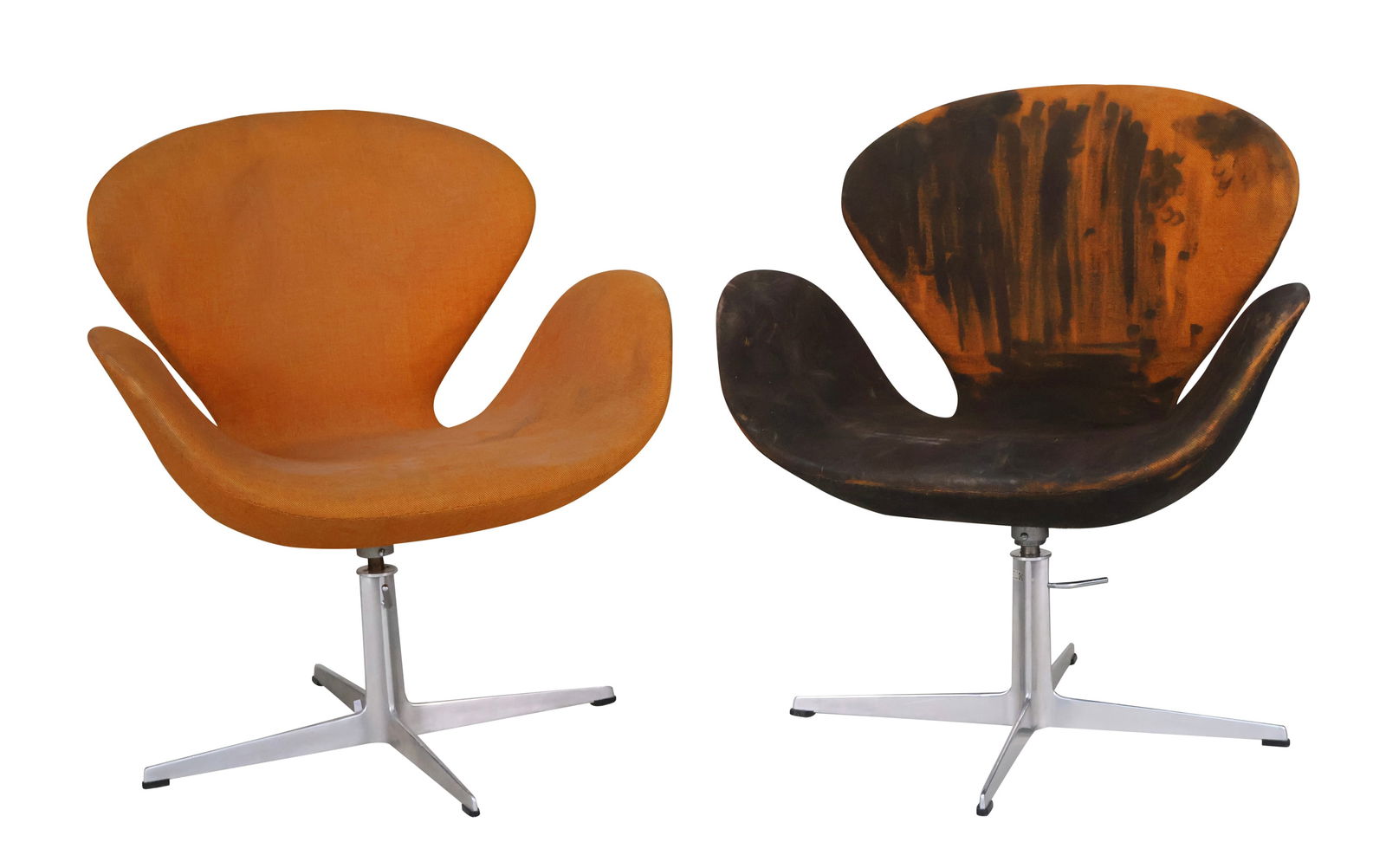 Pair of Arne Jacbosen Orange Swan Chairs: Pair of Arne Jacbosen Orange Swan ChairsMade by Fritz Hansen, Denmark.Stains, wear, surface distress.33 1/2 x 29 1/2 x 22 in. (85.1 x 74.9 x 55.9 cm.)
