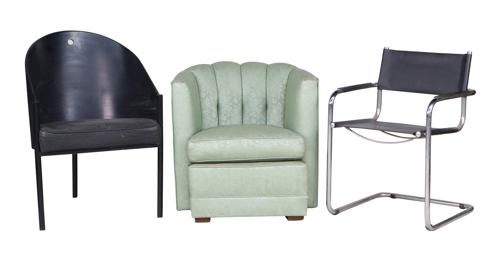 Philippe Starck Costes Chair: Philippe Starck Costes ChairBlack painted and black upholstery. Together with Mid-Century Modern black leather and chrome cantilever chair and a green upholstered club chair.Starck: 35 x 24 1/2 x 26 i
