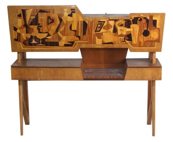 Mid-Century Modern Cubist-Inlaid Bar Cabinet