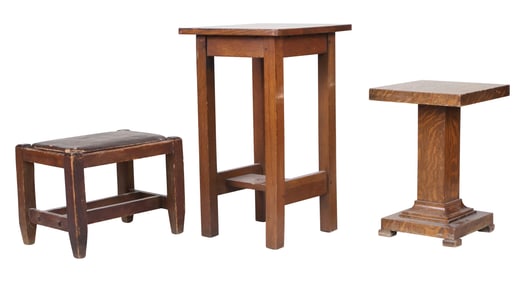 Two Mission Style Oak Pedestals and a Footstool