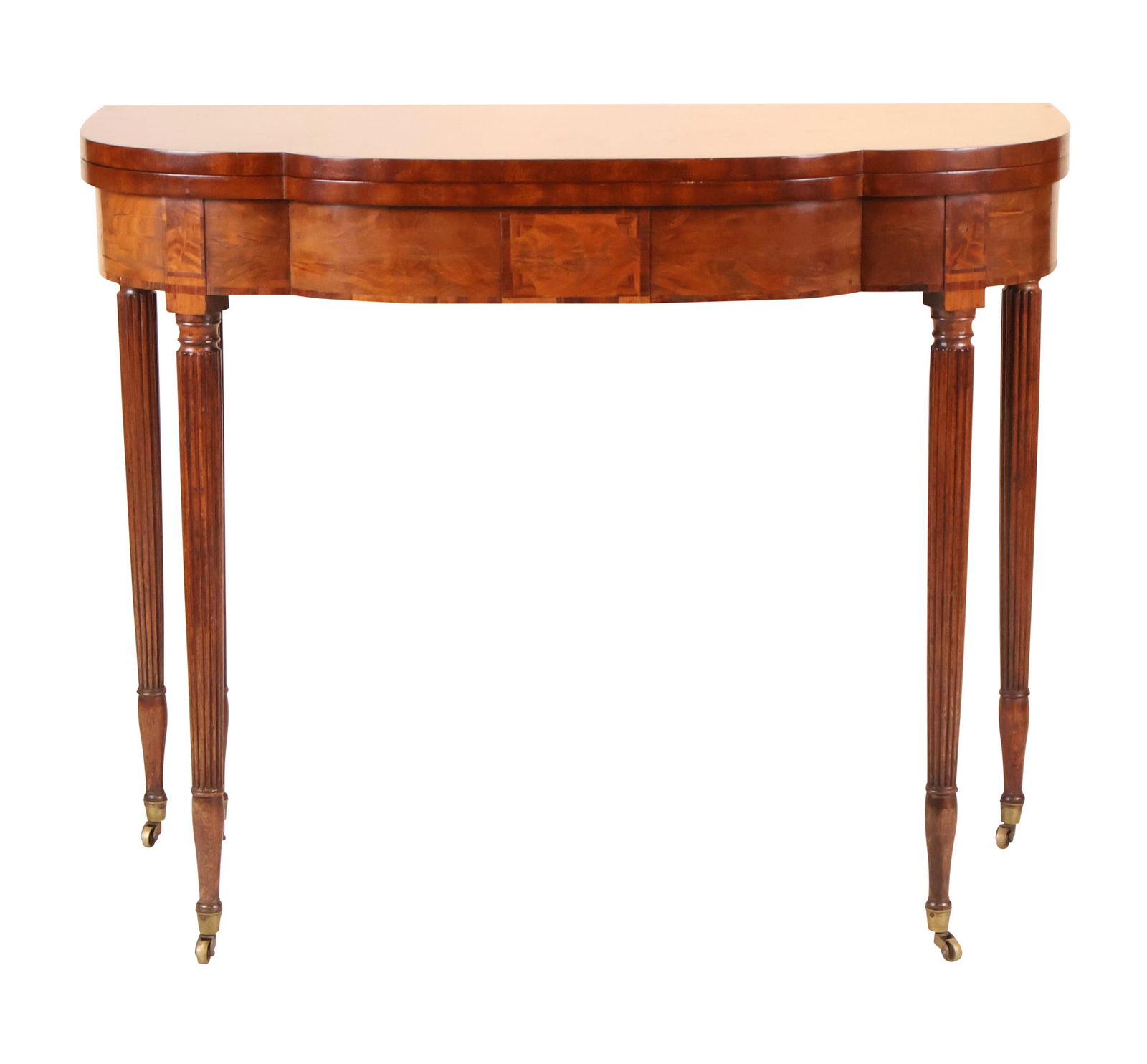 Federal Mahogany Five Leg Game Table: Federal Mahogany Five Leg Game TableAttributed to Duncan Phyfe, reeded legs with tablet, c. 1810.29 x 36 x 18 in. (73.7 x 91.4 x 45.7 cm.)