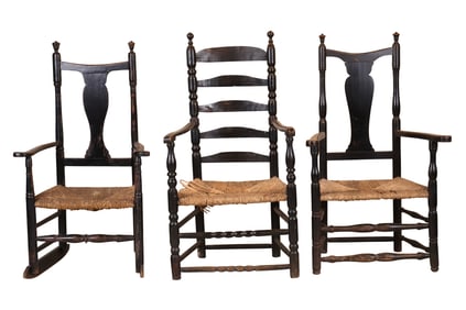 Two Queen Anne Black Painted Armchairs