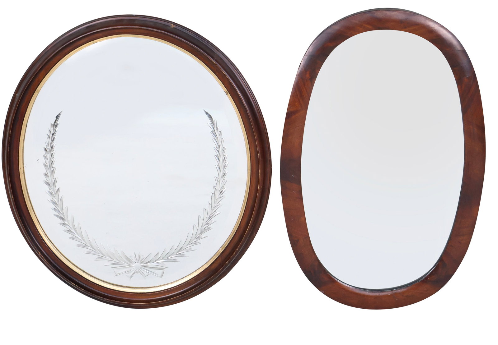 Two Oval Mahogany Mirrors: Two Oval Mahogany Mirrors One with etched glass and gilt edge. From: 27 1/2 x 17 in. (69.9 x 43.2 cm.), to 27 x 23 1/2 in. (68.6 x 59.7 cm.)