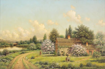 George W Drew, 1875-1968, Cottage in Spring Landscape, Oil on Canvas