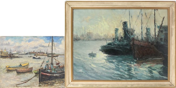 Two Harbor Scenes, Oil on Canvas