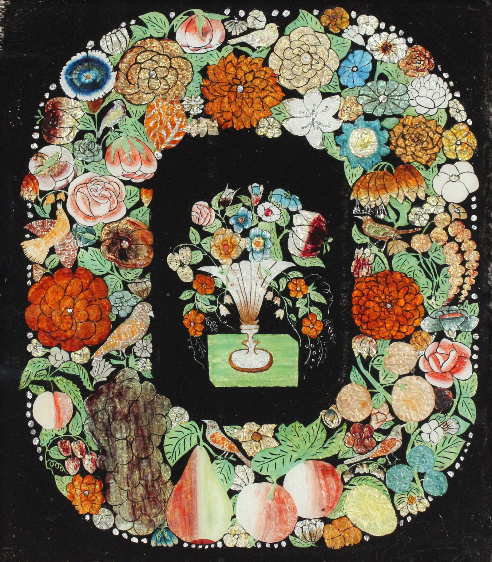 Large Tinsel Foil Painting of a Still Life: Large Tinsel Foil Painting of a Still LifeThis is a large and exceptional fine American tinsel or foil painting featuring a full wreath encircling an urn of flowers on a green base. Although the use o