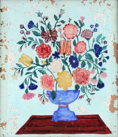 Tinsel Foil Painting of a Flowers in Blue Urn