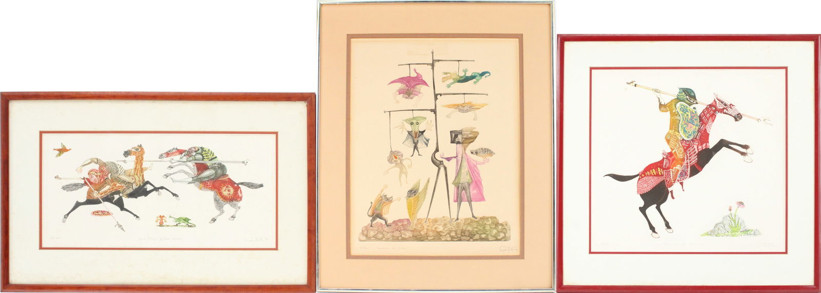 Guillermo Silva Santamaria, Colombian 1921-2007, Warriors on Horseback, Etchings: Guillermo Silva SantamariaColombian, 1921-2007Warriors on HorsebackEtchingsOne titled "Teodorico de Mocedonia" the other titled "Don Diego y Don Mando". Together with an etching of abstract figures ti