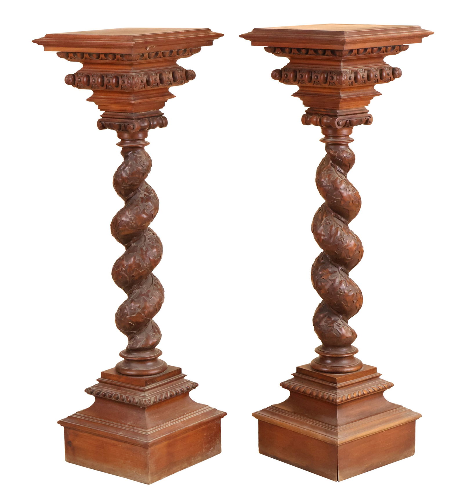Pair of Baroque Ivy-Decorated Walnut Columns: Pair of Baroque Ivy-Decorated Walnut ColumnsContinental, 19th C.47 1/2 x 14 1/2 x 14 1/2 in. (120.7 x 36.8 x 36.8 cm.)