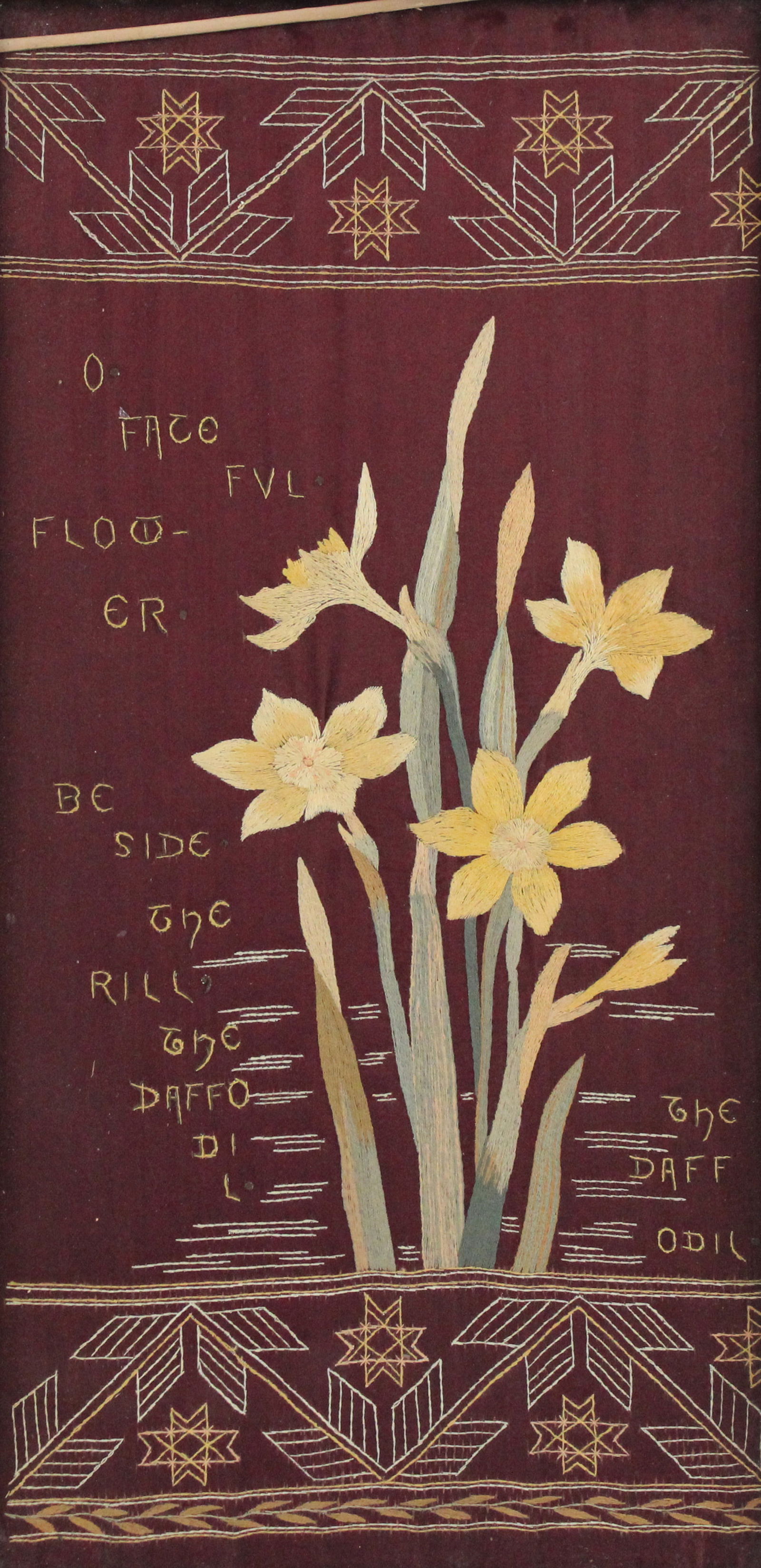 Silk Needlework by Elizabeth Smock: Silk Needlework by Elizabeth SmockDated 1884. The Smock family is from Monmouth County, NJ.Provenance: This piece descended through the prominent Monmouth County, New Jersey family.Sight: 20 1/4 x 9 3