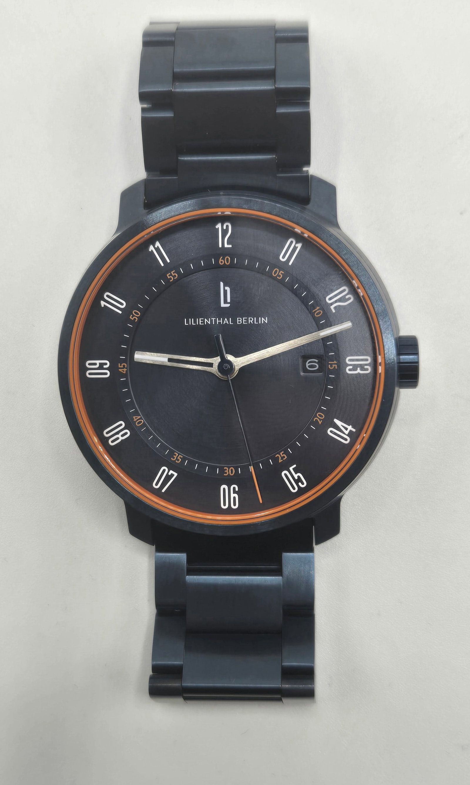 Lilienthal Berlin Neolux Blue Orange Automatic Watch, 42mm: Lilienthal Berlin Neolux Blue Orange Automatic Watch, 42mm Pre-Owned Lilienthal Berlin Automatic Watch, 42mm in overall good condition. Japanese automatic movement by Miyota. Stainless Steel Case. Com