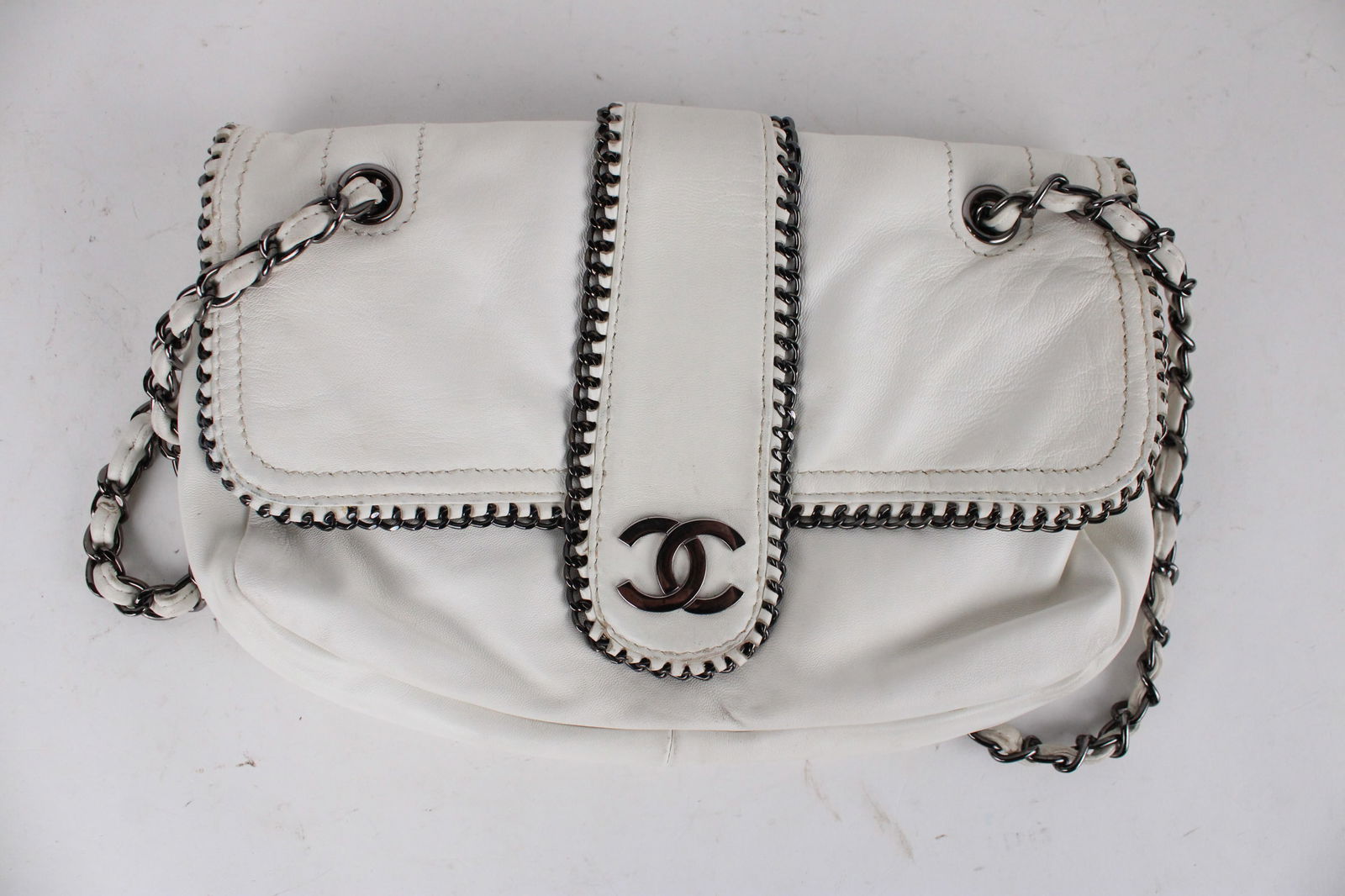 Faux Chanel Madison Flap White Leather Shoulder Bag (1 of 6)