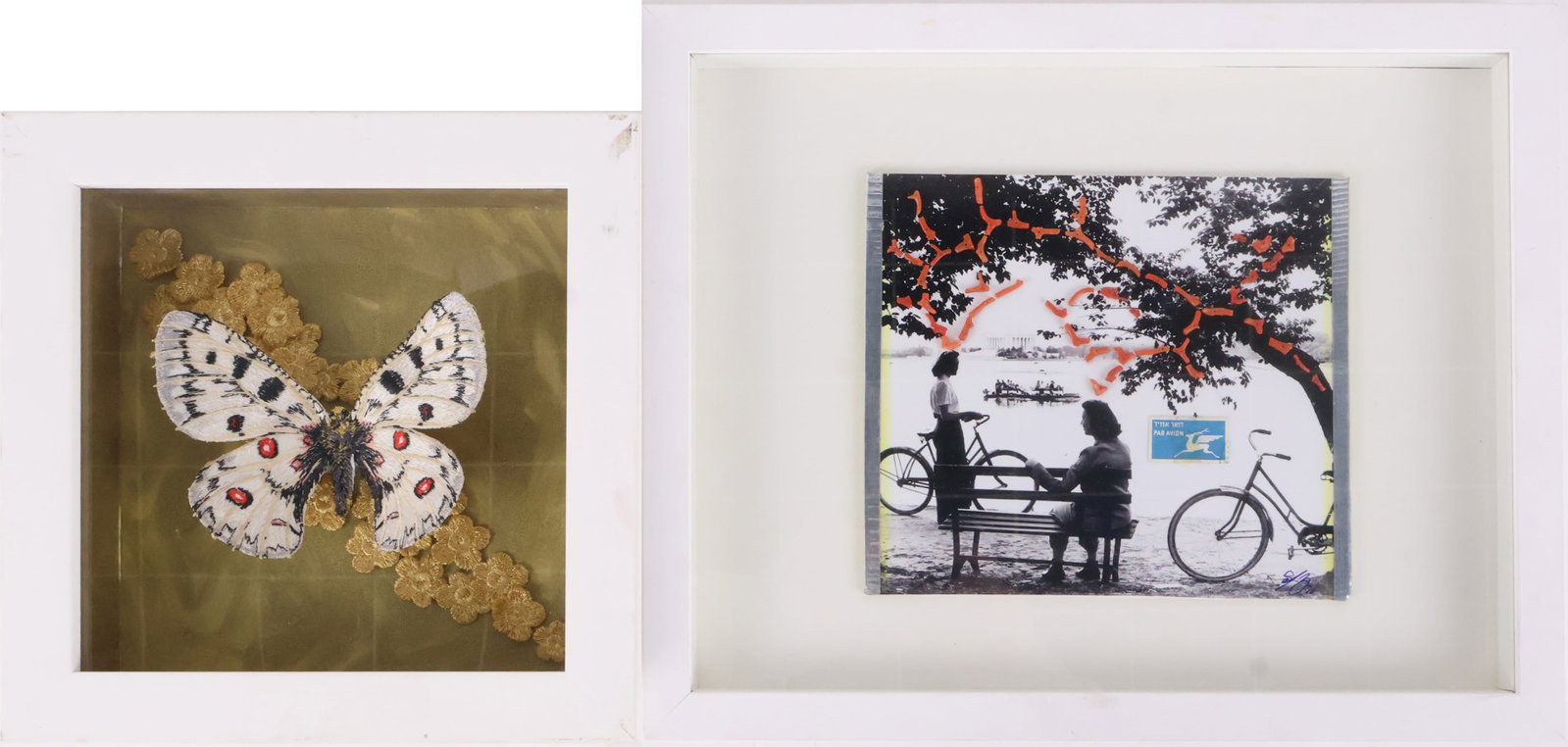 Women on Bench with Bicycles Black and White Photograph: Women on Bench with Bicycles Black and White Photograph Women on Bench with Bicycles Black and White Photograph with Coral Stamped and initialed l.r. Together with a women butterfly in a shadowbox fra
