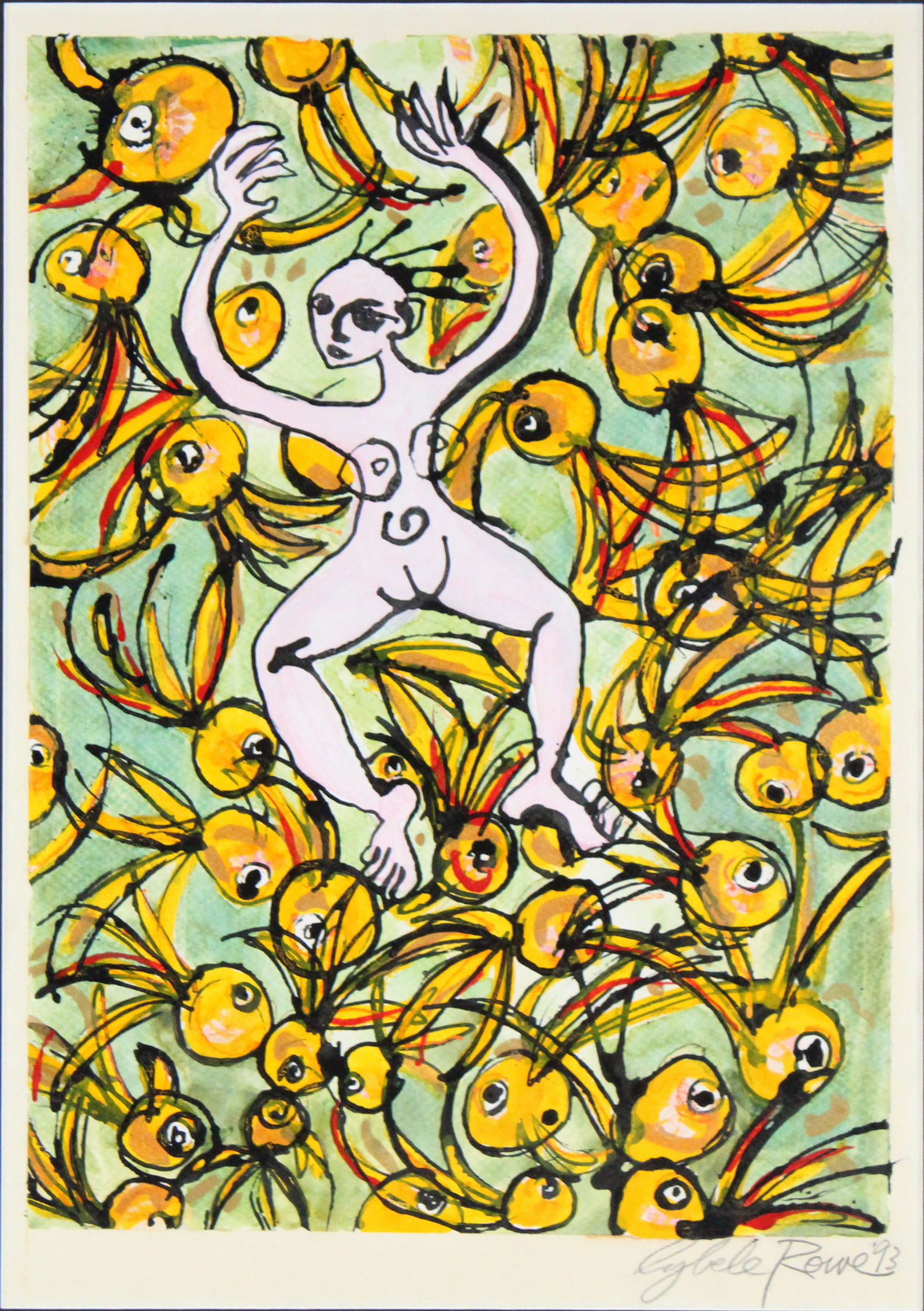 Cybele Rowe, Nude Figure with Fish, Mixed Media on Paper: Cybele RoweNude Figure with FishMixed Media on PaperSigned l.r. and dated '93.Sight: 22 1/2 x 15 3/4 in. (57.2 x 40 cm.), Frame: 29 1/2 x 23 in. (74.9 x 58.4 cm.)